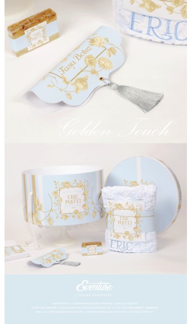 Trusou botez albastru brodat pentru baieti cu trandafiri aurii, Golden Rose 2